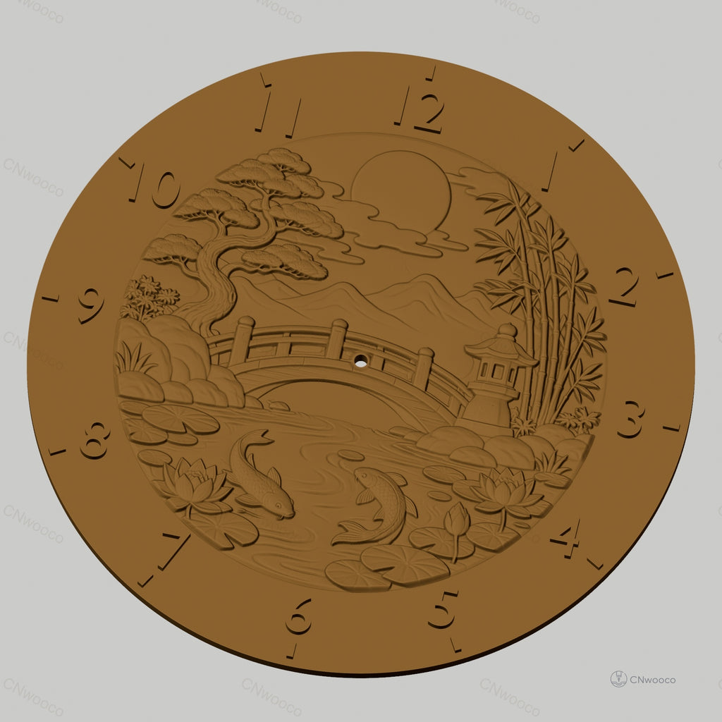 Fichier CNC & impression 3D horloge murale paysage japonais carpes koi pont STL