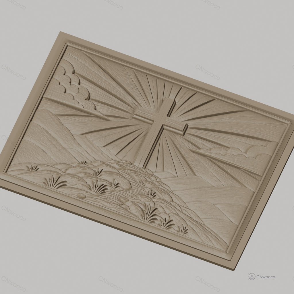 Fichier CNC & impression 3D croix chrétienne, colline, rayons de lumière, ciel en relief, haute qualité relief STL