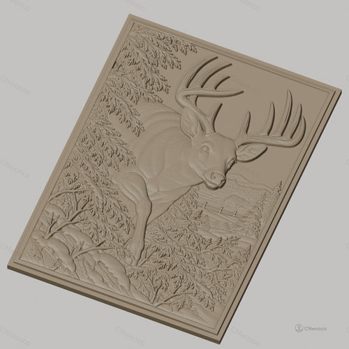 Fichier CNC & impression 3D cerf majestueux avec paysage naturel, forêt et montagne relief, haute qualité relief STL