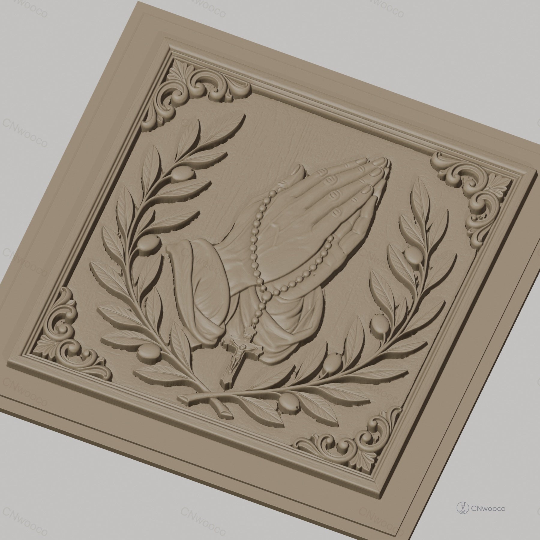 Fichier CNC & impression 3D mains en prière, chapelet et branches d’olivier, haute qualité relief STL