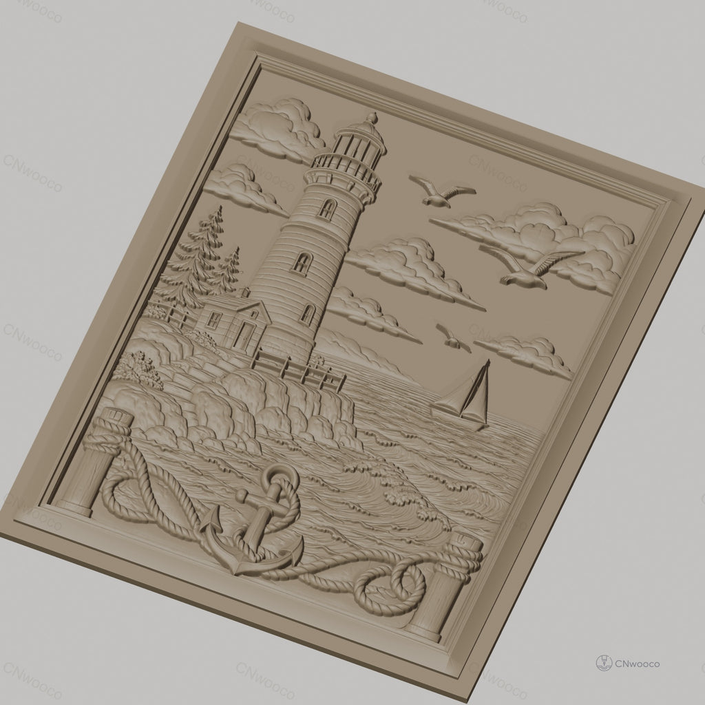 Fichier CNC & impression 3D scène marine, phare, bateau à voile, ancre, relief côtier haute qualité relief STL