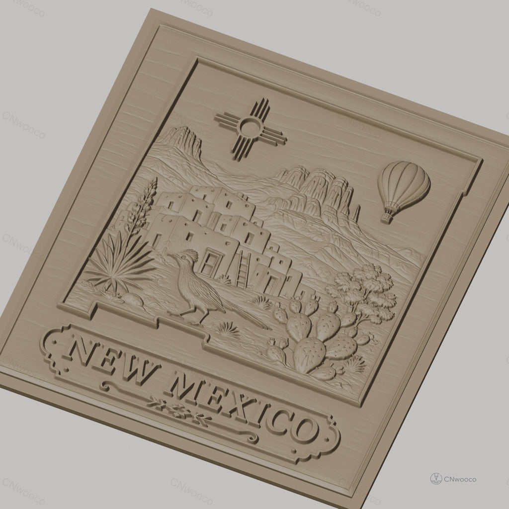 Fichier CNC & impression 3D New Mexico, paysage, maison adobe, oiseau, cactus, monts, montgolfière haute qualité relief STL