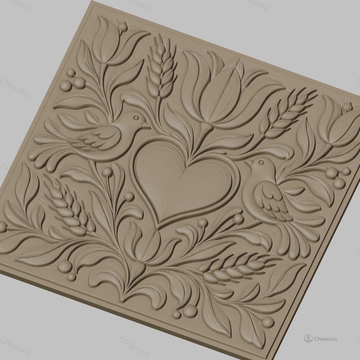 Fichier CNC & impression 3D relief coeur, oiseaux, fleurs et épis de blé, haute qualité relief STL