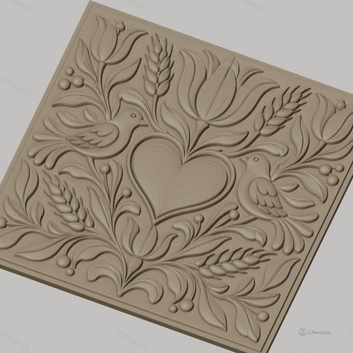 Fichier CNC & impression 3D relief coeur, oiseaux, fleurs et épis de blé, haute qualité relief STL