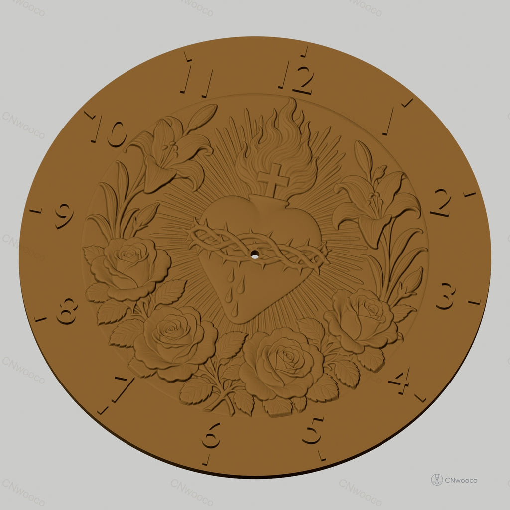 Fichier CNC & impression 3D horloge murale cœur sacré fleurs roses STL