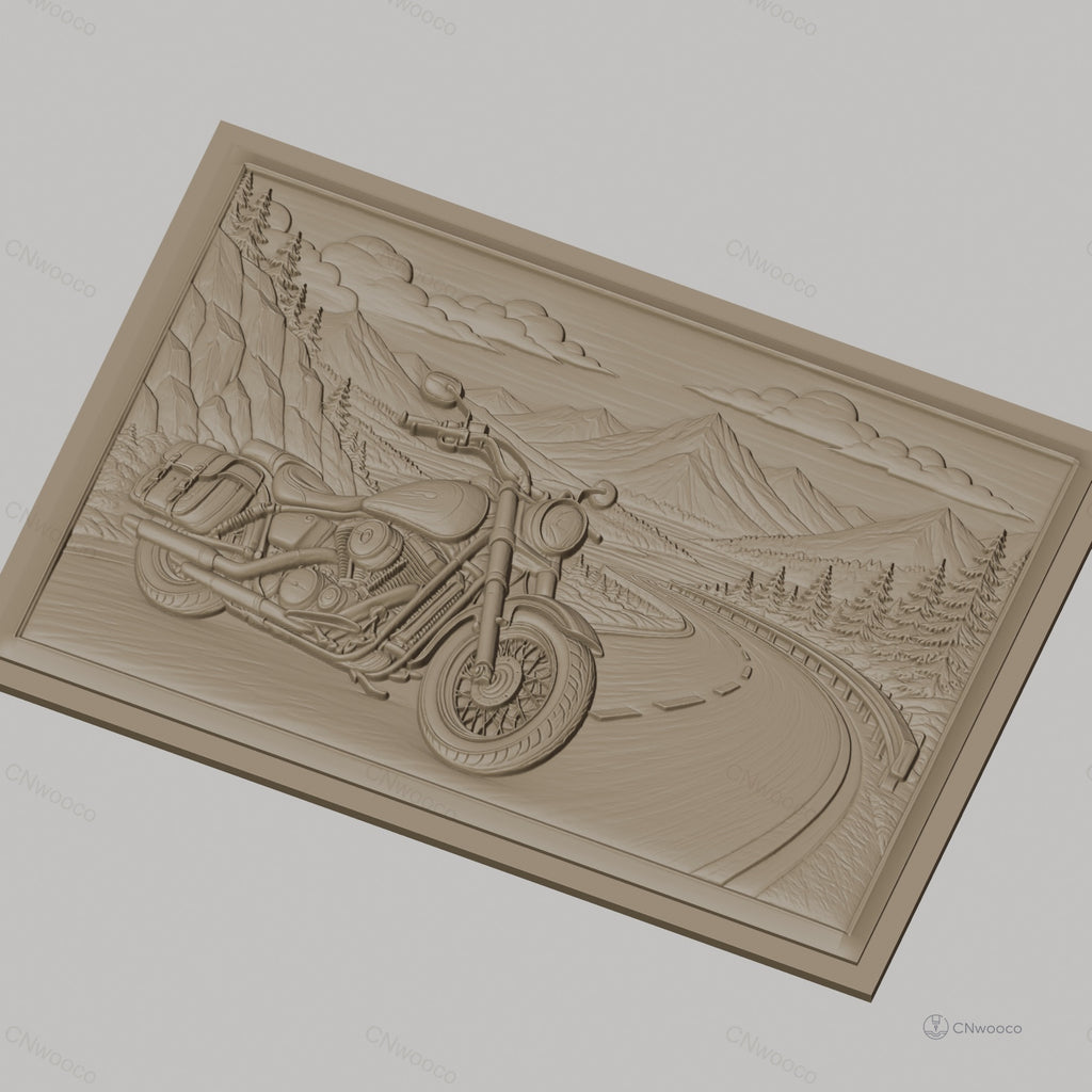 Fichier CNC & impression 3D moto vintage sur route de montagne, paysage naturel et pins, haute qualité relief STL