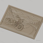 Fichier CNC & impression 3D moto vintage sur route de montagne, paysage naturel et pins, haute qualité relief STL