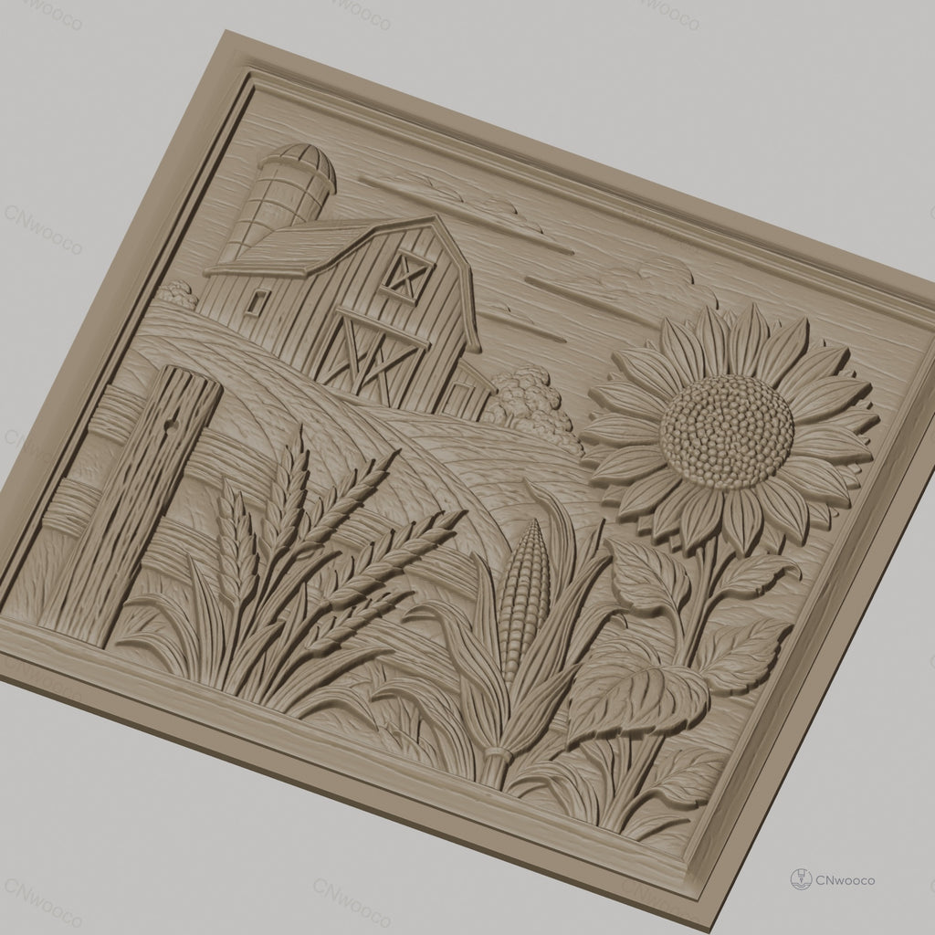 Fichier CNC & impression 3D ferme rustique, grange tournesol maïs et blé, haute qualité relief STL
