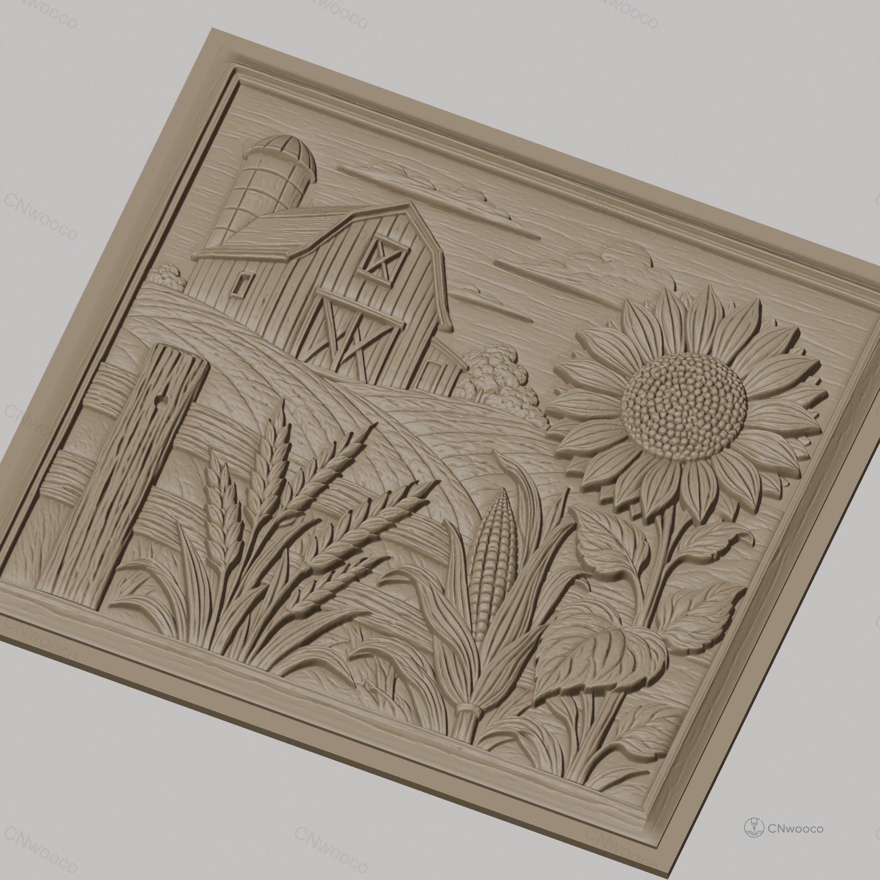 Fichier CNC & impression 3D ferme rustique, grange tournesol maïs et blé, haute qualité relief STL