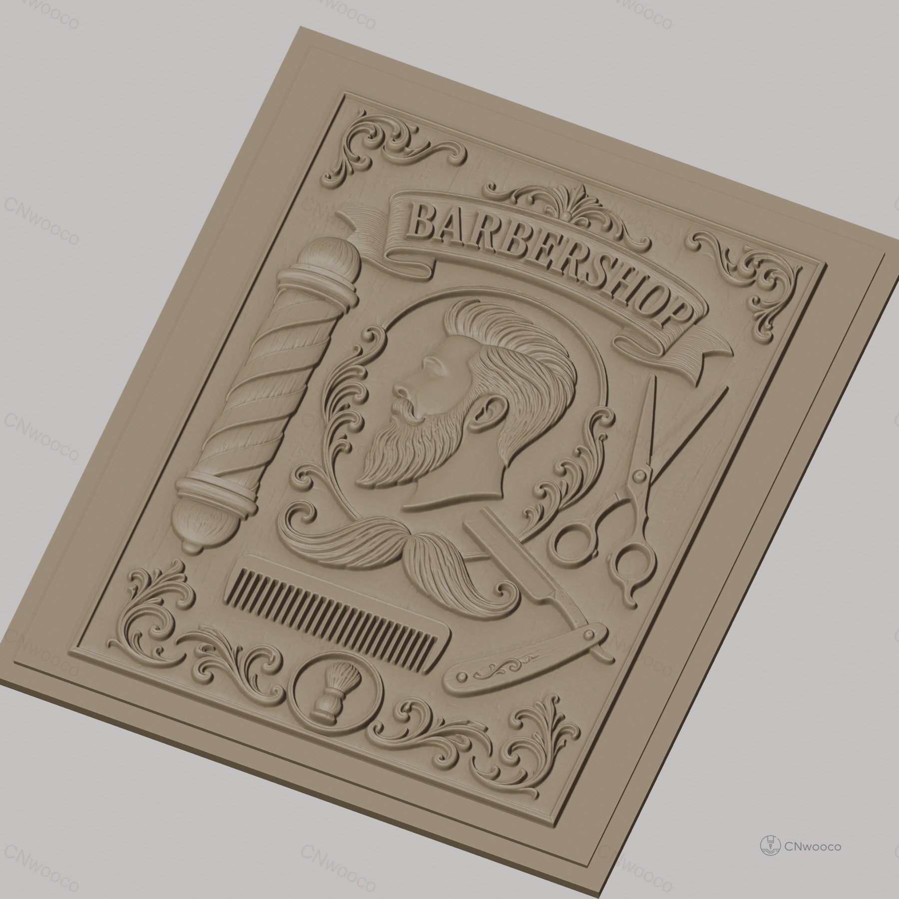 Fichier CNC & impression 3D barbershop, portrait homme, ciseaux, rasoir, peigne, décor vintage, haute qualité relief STL