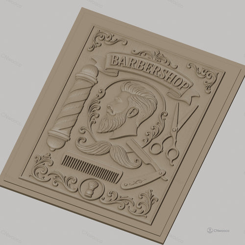 Fichier CNC & impression 3D barbershop, portrait homme, ciseaux, rasoir, peigne, décor vintage, haute qualité relief STL