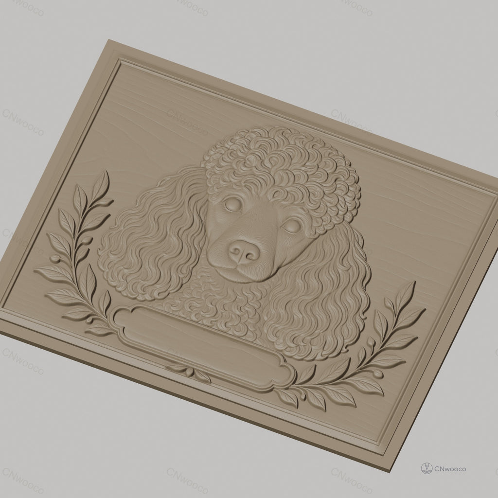 Fichier CNC & impression 3D chien caniche portrait, feuilles décoratives, haute qualité relief STL
