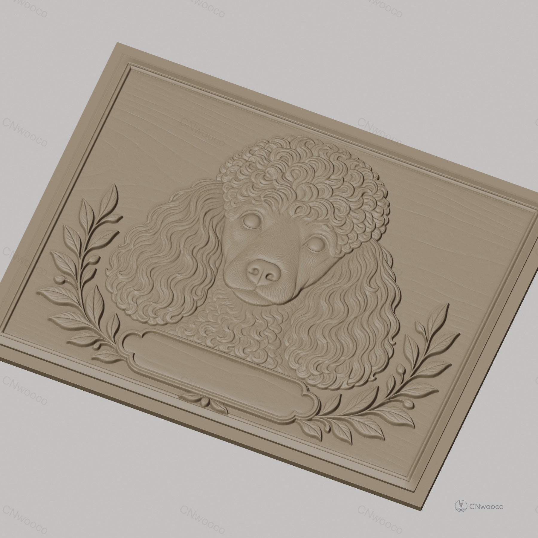 Fichier CNC & impression 3D chien caniche portrait, feuilles décoratives, haute qualité relief STL