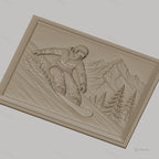 Fichier CNC & impression 3D snowboarder en montagne, relief avec skieur et sapins, haute qualité relief STL