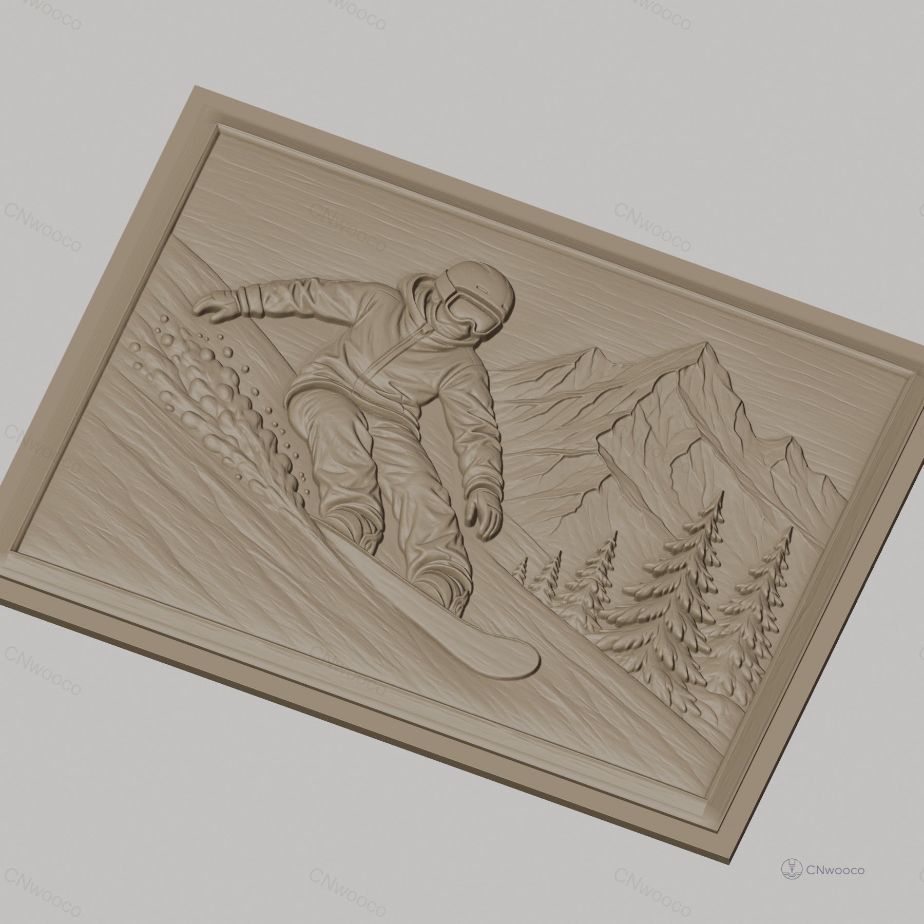 Fichier CNC & impression 3D snowboarder en montagne, relief avec skieur et sapins, haute qualité relief STL