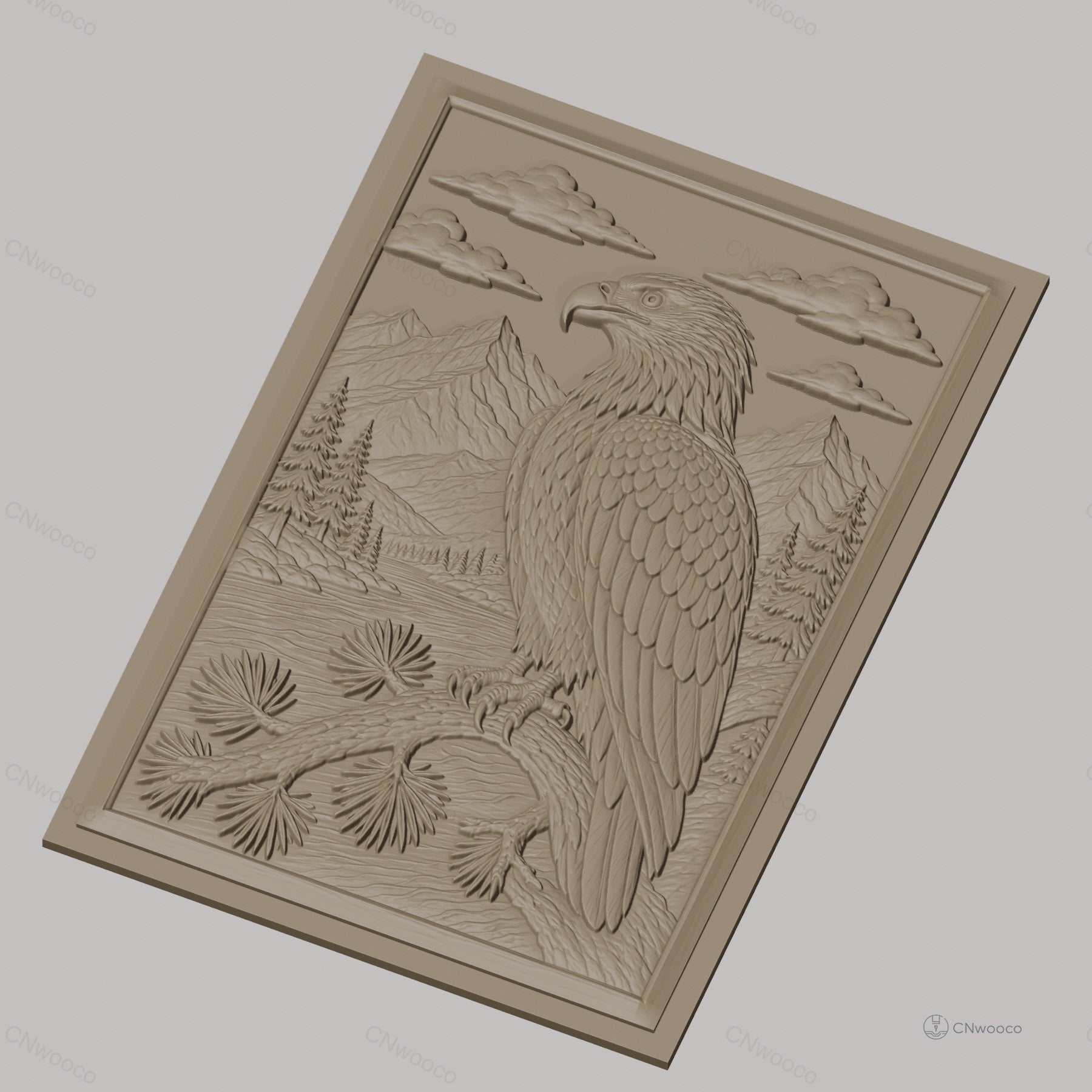 Fichier CNC & impression 3D aigle sur branche, montagnes, forêt, rivière, haute qualité relief STL