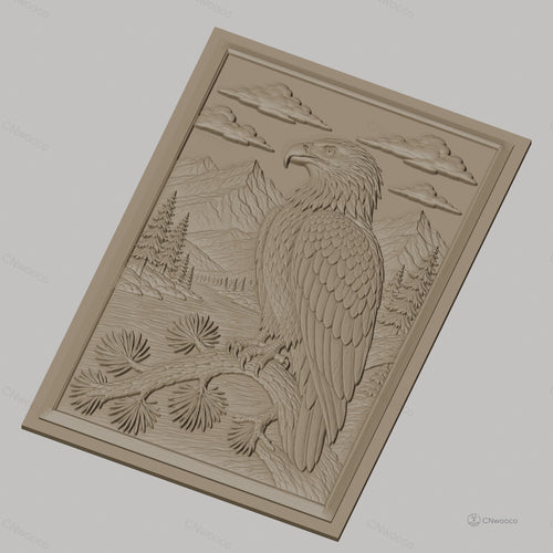 Fichier CNC & impression 3D aigle sur branche, montagnes, forêt, rivière, haute qualité relief STL