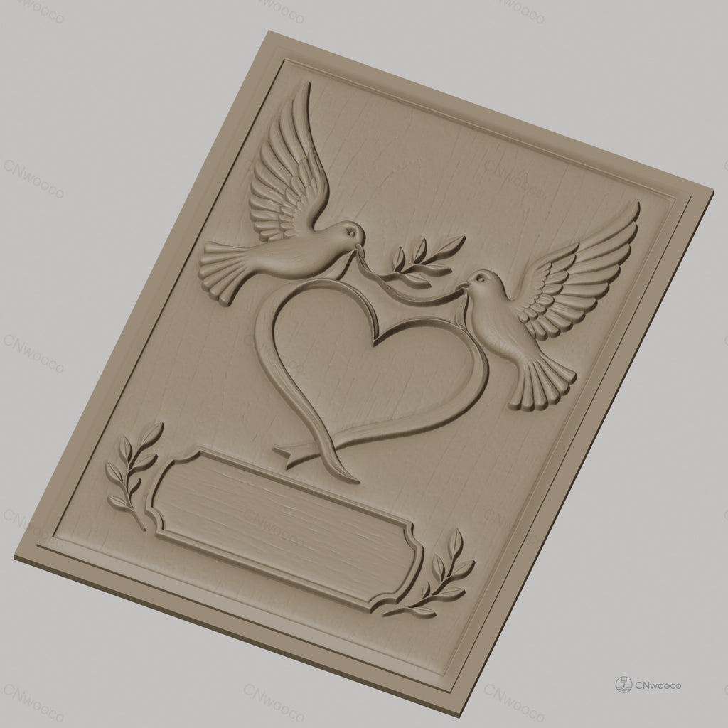 Fichier CNC & impression 3D couple de colombes, coeur et feuilles, haute qualité relief STL