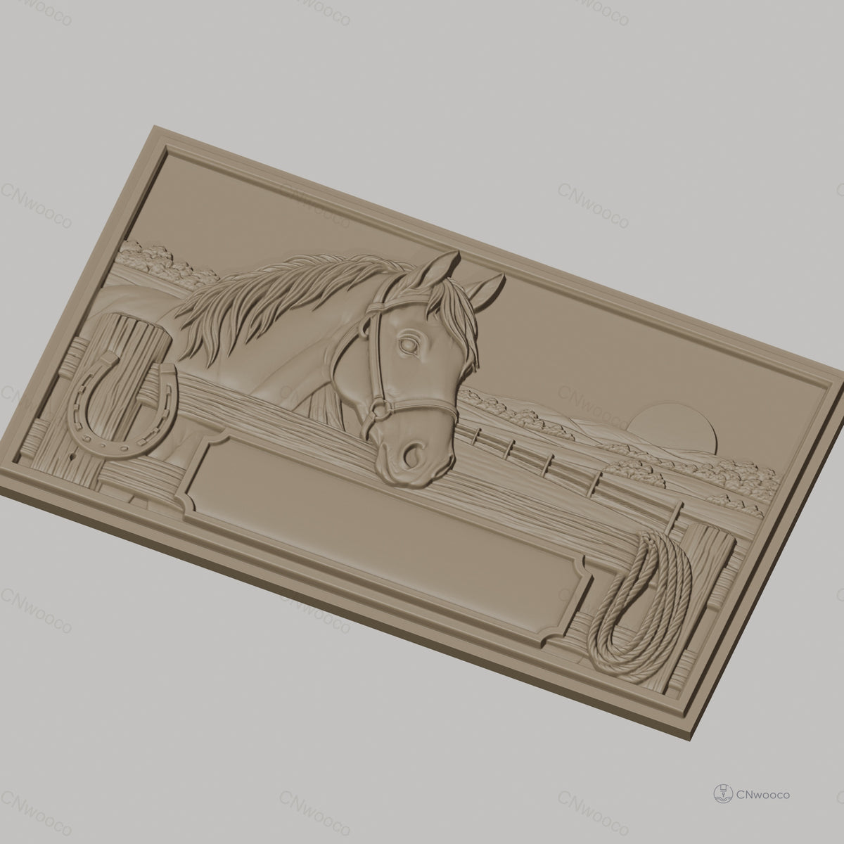 Fichier CNC & impression 3D cheval à la clôture, fer à cheval, corde et paysage, haute qualité relief STL