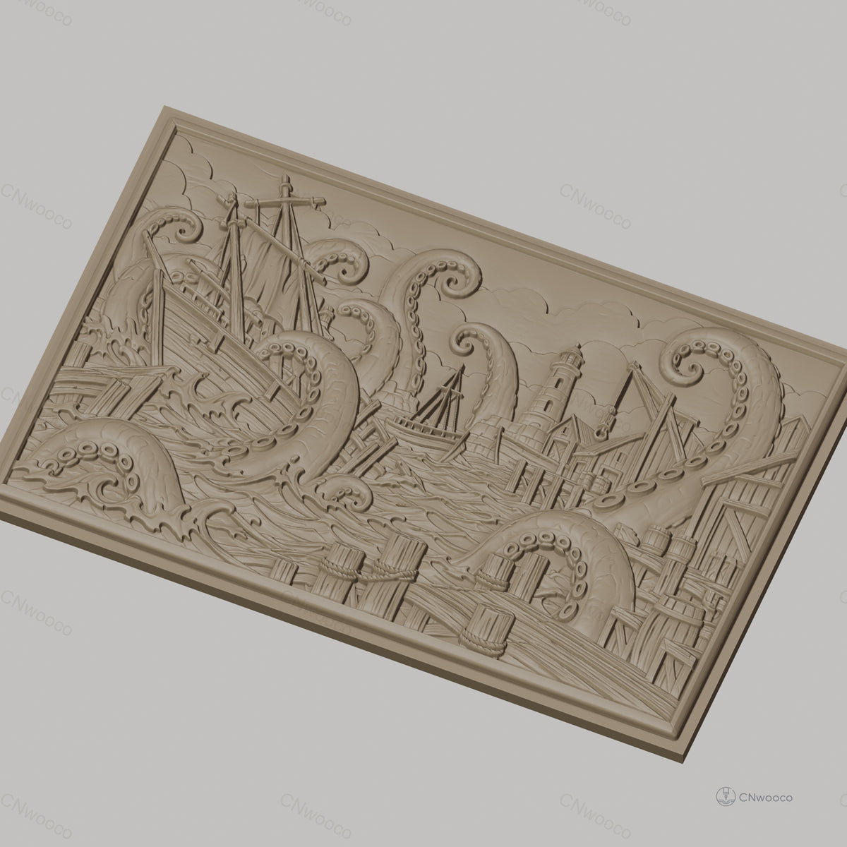 Fichier CNC & impression 3D monstre marin, bateau attaqué par poulpes géants et phare, haute qualité relief STL