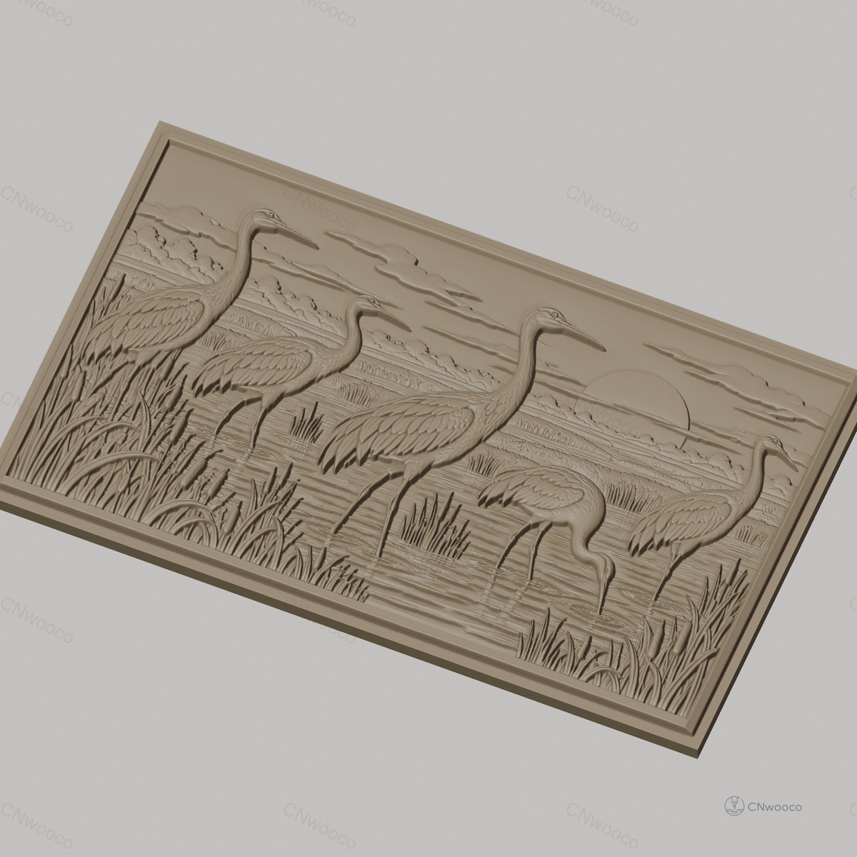 Fichier CNC & impression 3D hérons au coucher de soleil, paysage marécage relief, haute qualité relief STL