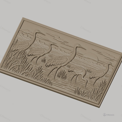 Fichier CNC & impression 3D hérons au coucher de soleil, paysage marécage relief, haute qualité relief STL