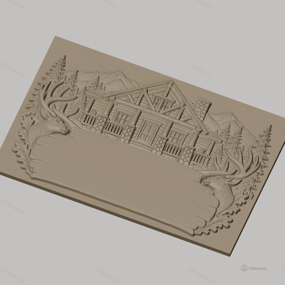 Fichier CNC & impression 3D chalet en bois, têtes de cerf, sapins, montagnes, haute qualité relief STL