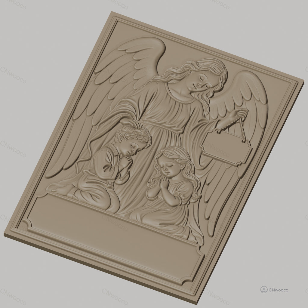 Fichier CNC & impression 3D ange gardien avec enfants priant, plaque vide, haute qualité relief STL