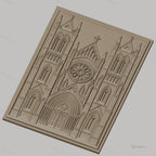 Fichier CNC & impression 3D cathédrale gothique, portail avec rosace et tours, haute qualité relief STL