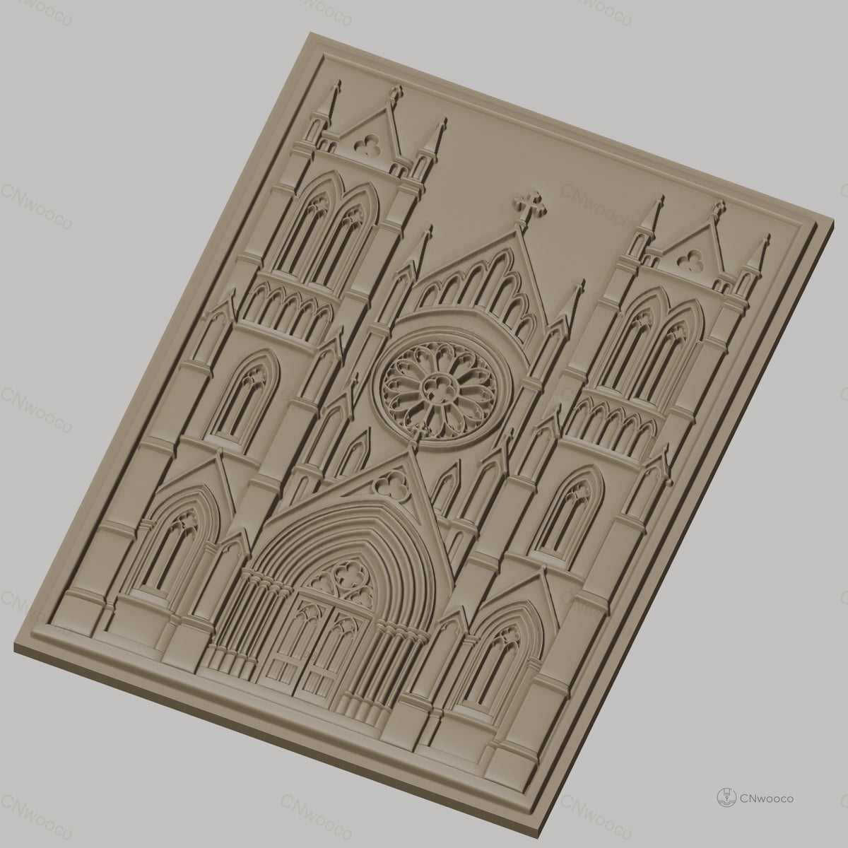 Fichier CNC & impression 3D cathédrale gothique, portail avec rosace et tours, haute qualité relief STL