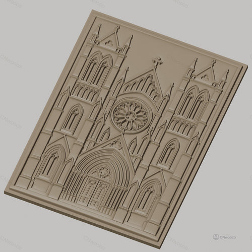 Fichier CNC & impression 3D cathédrale gothique, portail avec rosace et tours, haute qualité relief STL