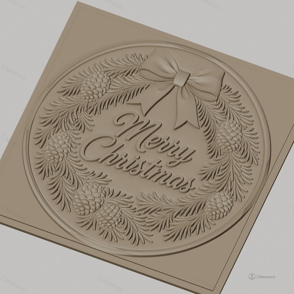 Fichier CNC & impression 3D couronne de Noël, pommes de pin et ruban, haute qualité relief STL