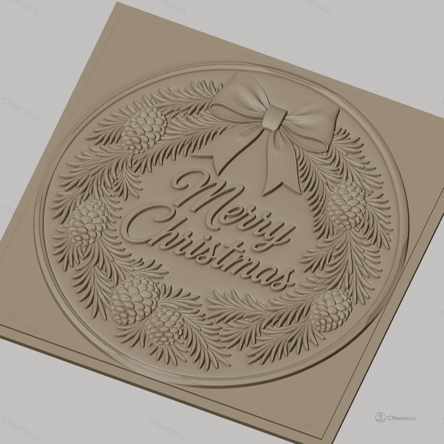 Fichier CNC & impression 3D couronne de Noël, pommes de pin et ruban, haute qualité relief STL