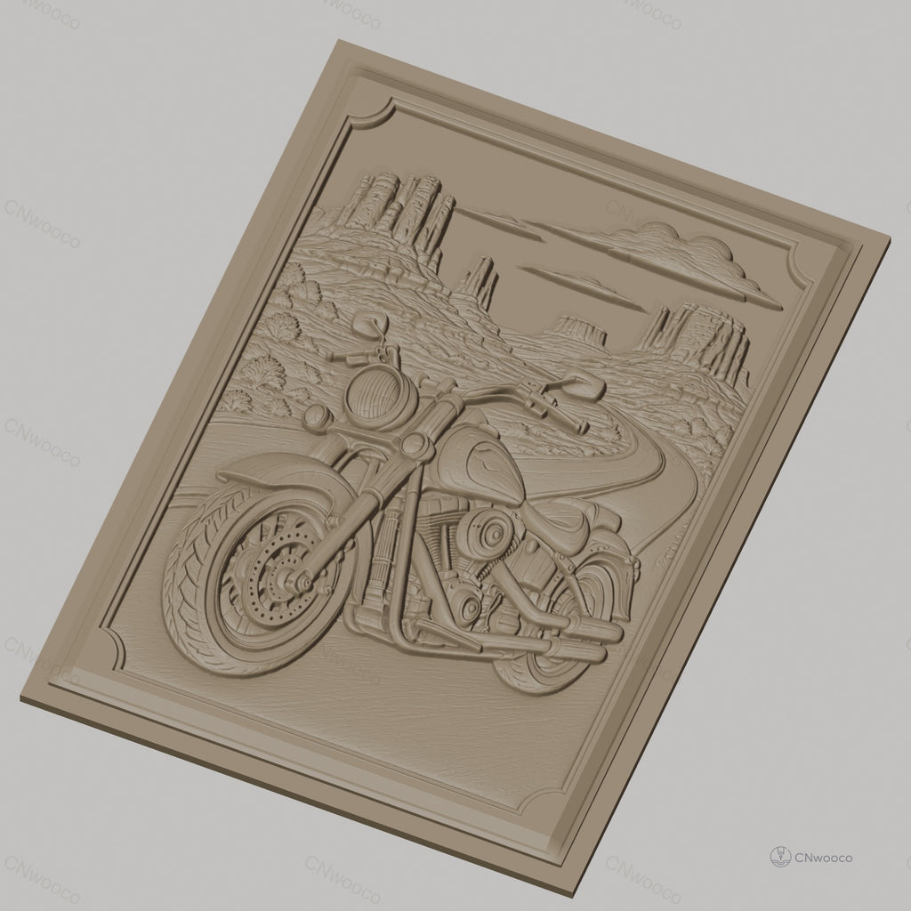 Fichier CNC & impression 3D moto cruiser, route désertique avec buttes et nuages, haute qualité relief STL