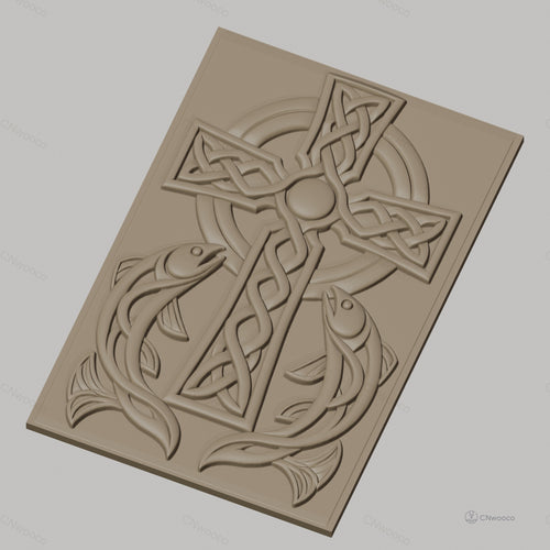 Fichier CNC & impression 3D Croix celtique avec poissons, motif entrelacé haute qualité relief STL
