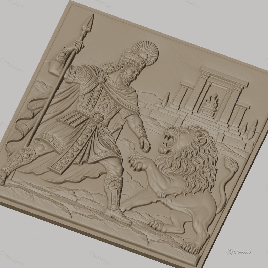 Fichier CNC & impression 3D héros antique combattant lion, temple ancien, haute qualité relief STL