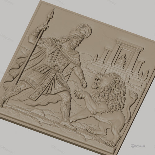 Fichier CNC & impression 3D héros antique combattant lion, temple ancien, haute qualité relief STL