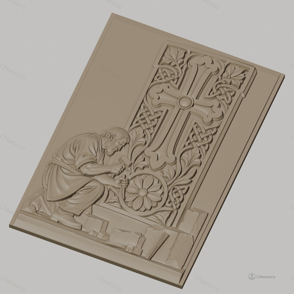 Fichier CNC & impression 3D artisan tailleur de pierre, croix sculptée et motifs floraux, haute qualité relief STL