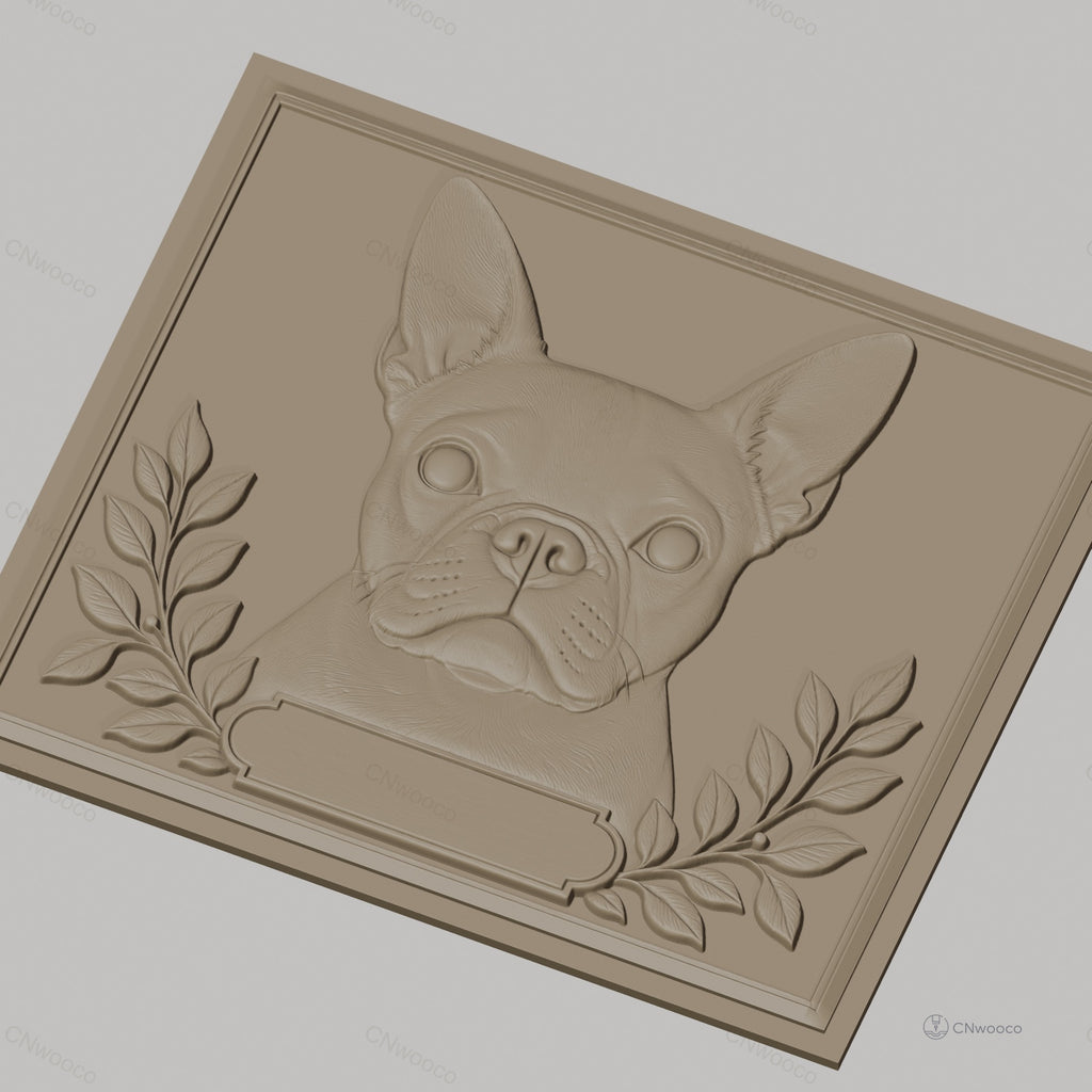 Fichier CNC & impression 3D Bouledogue français, portrait relief avec feuilles et cadre, haute qualité relief STL