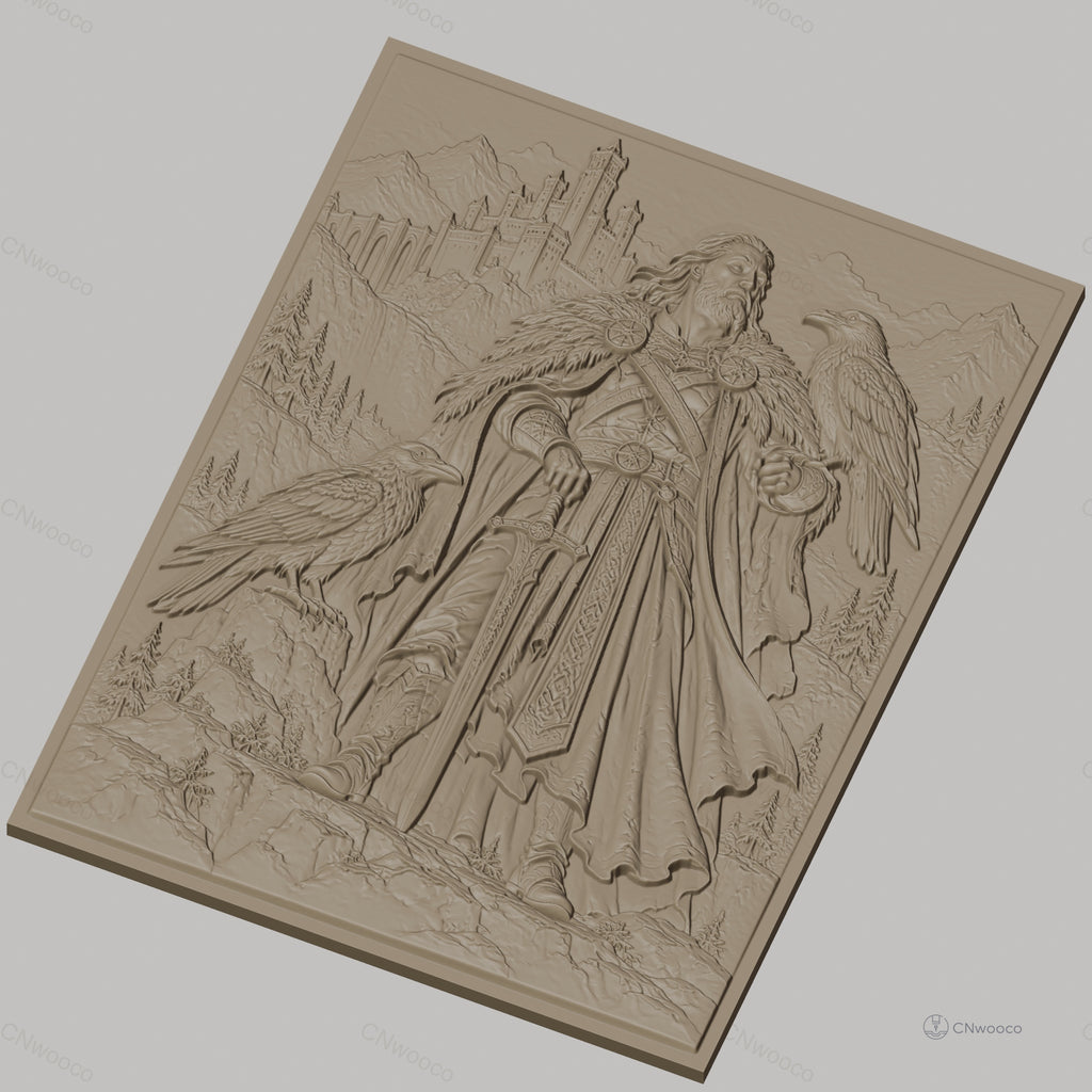Fichier CNC & impression 3D guerrier viking avec épée et corbeaux, château médiéval et montagnes, haute qualité relief STL