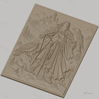 Fichier CNC & impression 3D guerrier viking avec épée et corbeaux, château médiéval et montagnes, haute qualité relief STL