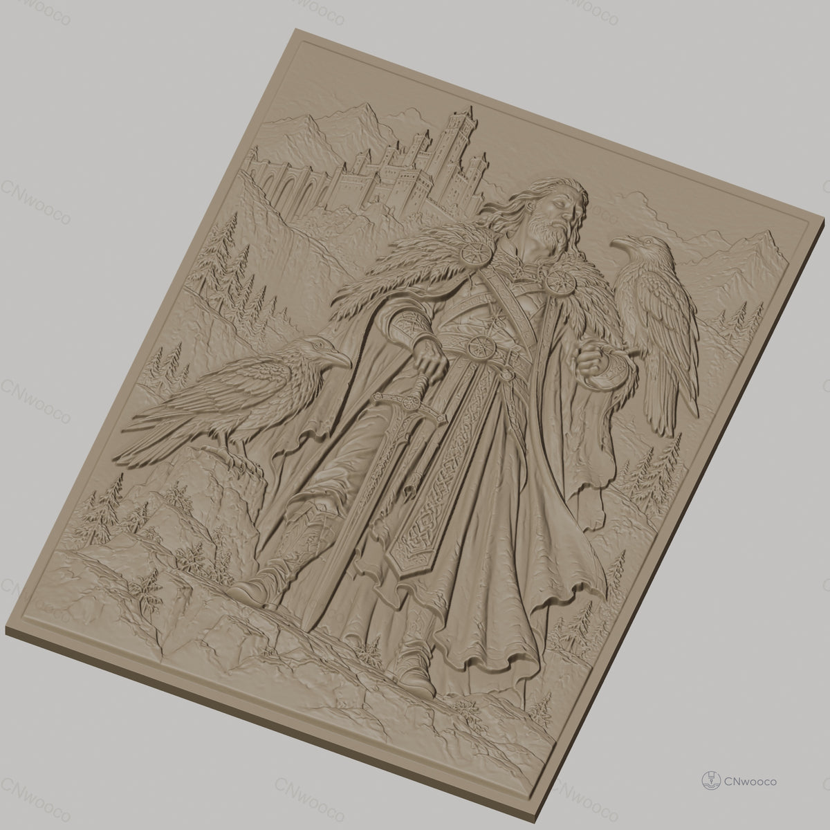 Fichier CNC & impression 3D guerrier viking avec épée et corbeaux, château médiéval et montagnes, haute qualité relief STL