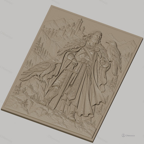 Fichier CNC & impression 3D guerrier viking avec épée et corbeaux, château médiéval et montagnes, haute qualité relief STL