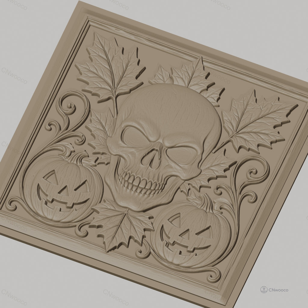 Fichier CNC & impression 3D Halloween, crâne, citrouilles jack-o'-lantern et feuilles d'automne, haute qualité relief STL