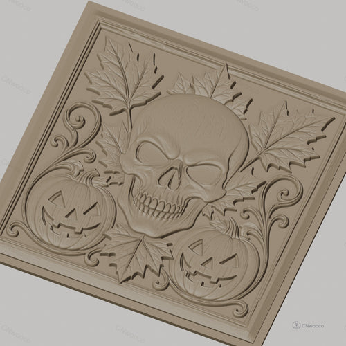 Fichier CNC & impression 3D Halloween, crâne, citrouilles jack-o'-lantern et feuilles d'automne, haute qualité relief STL
