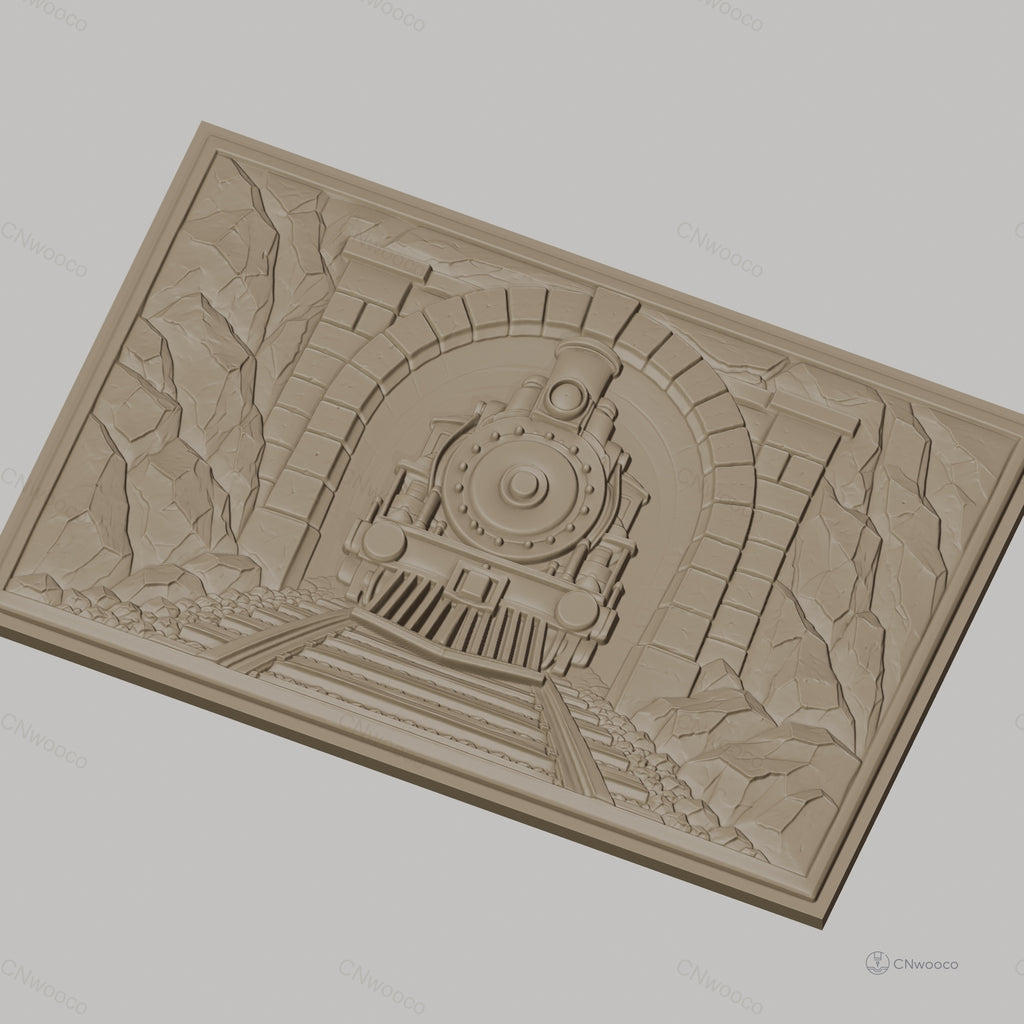 Fichier CNC & impression 3D train à vapeur sortie tunnel, rochers et voies ferrées, haute qualité relief STL