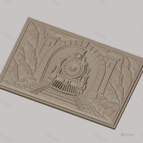 Fichier CNC & impression 3D train à vapeur sortie tunnel, rochers et voies ferrées, haute qualité relief STL