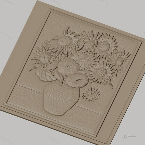 Fichier CNC & impression 3D bouquet de tournesols en vase, fleurs haut relief décoratif, haute qualité relief STL