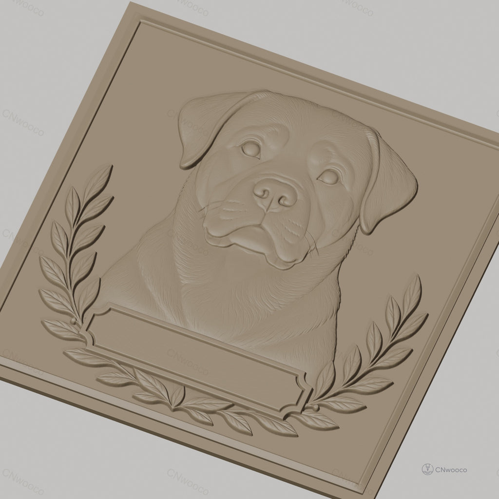 Fichier CNC & impression 3D chien Rottweiler portrait avec cadres et feuilles, haute qualité relief STL