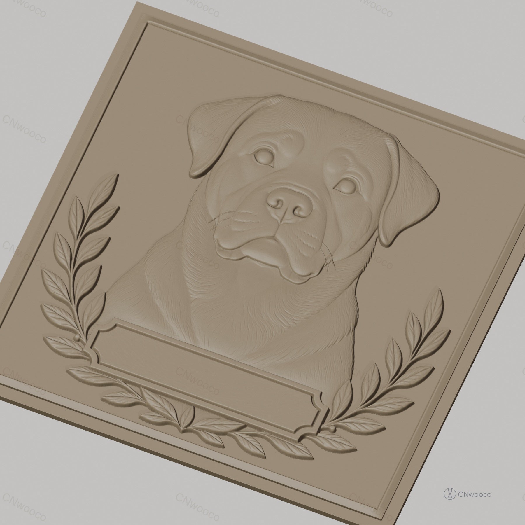 Fichier CNC & impression 3D chien Rottweiler portrait avec cadres et feuilles, haute qualité relief STL